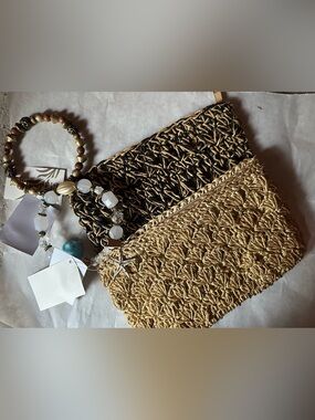 Blue Miami Natural Straw Knit Wristlet Clutch with Beaded Bracelet Handle